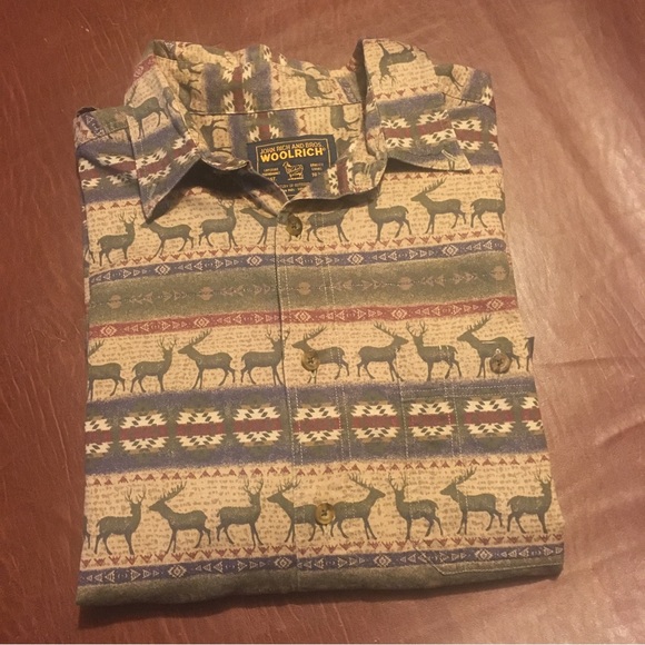Vtg Woolrich Deer Print Button Up Shirt Tan XL - Picture 1 of 7